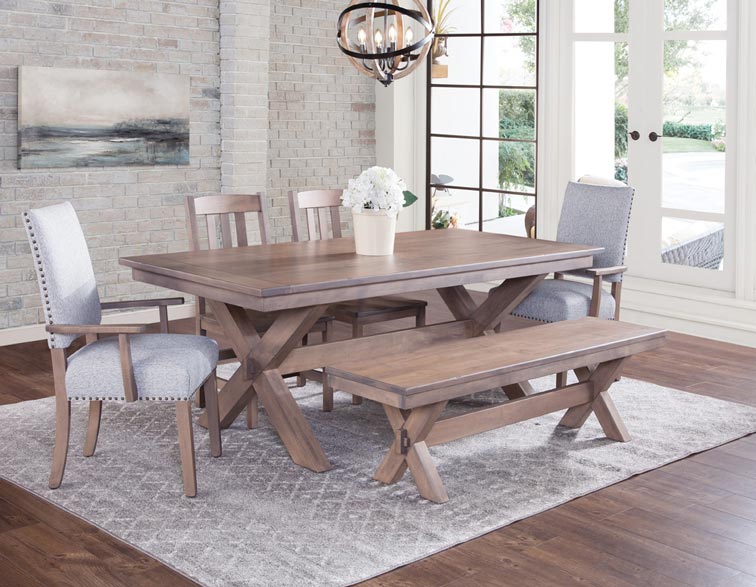 cross trestle amish made wood dining table scene