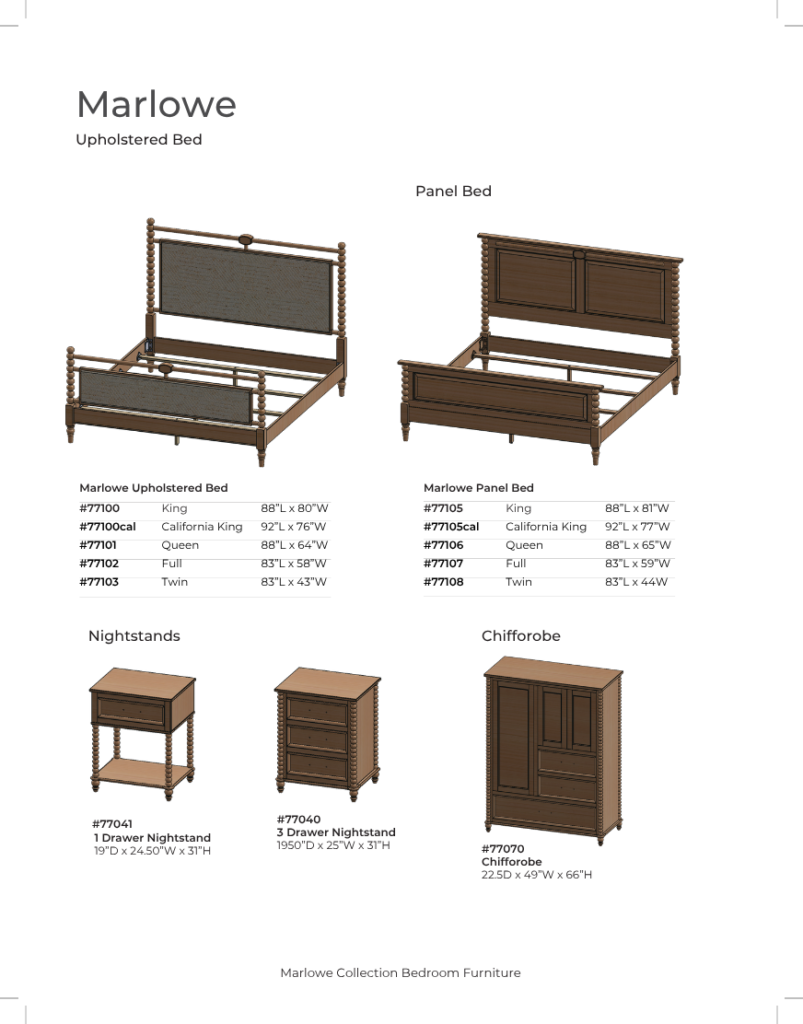 Prices and part numbers for the Marlowe Bedroom Set